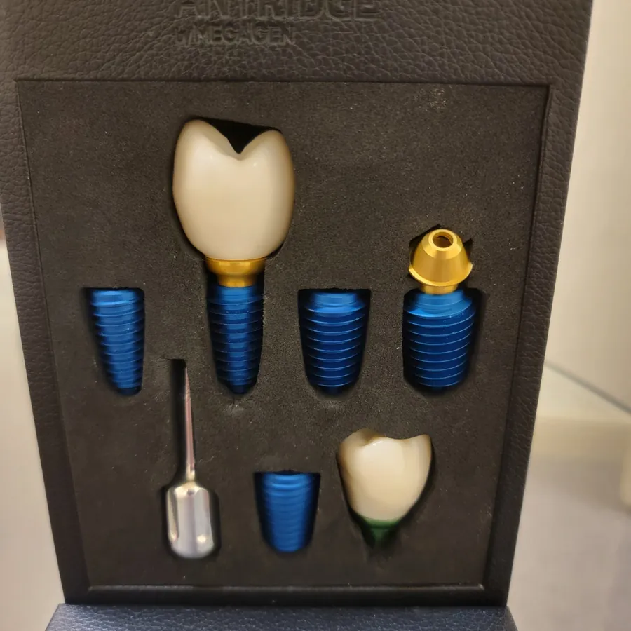 Modelo de implante dental con corona y piezas del implante