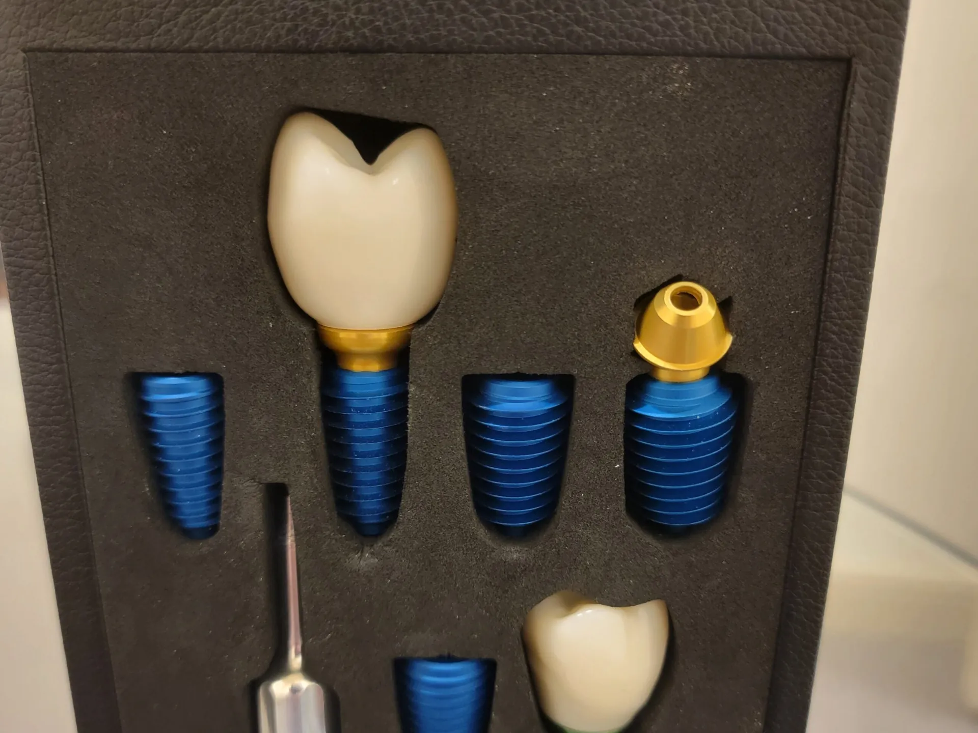 Modelo de implante dental con corona y piezas del implante